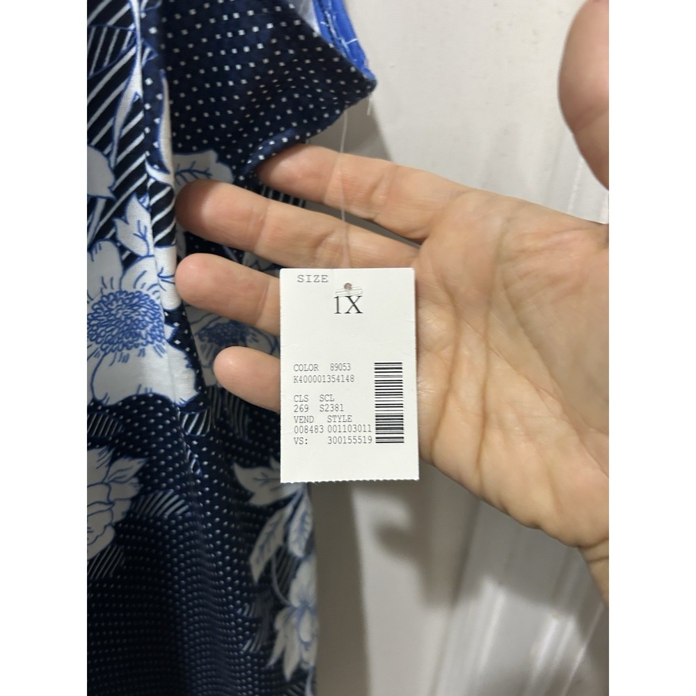 Catherines Womens 1X Blue Floral Stripe Dot Sleeveless V Neck Tank Top Shirt - Picture 7 of 7